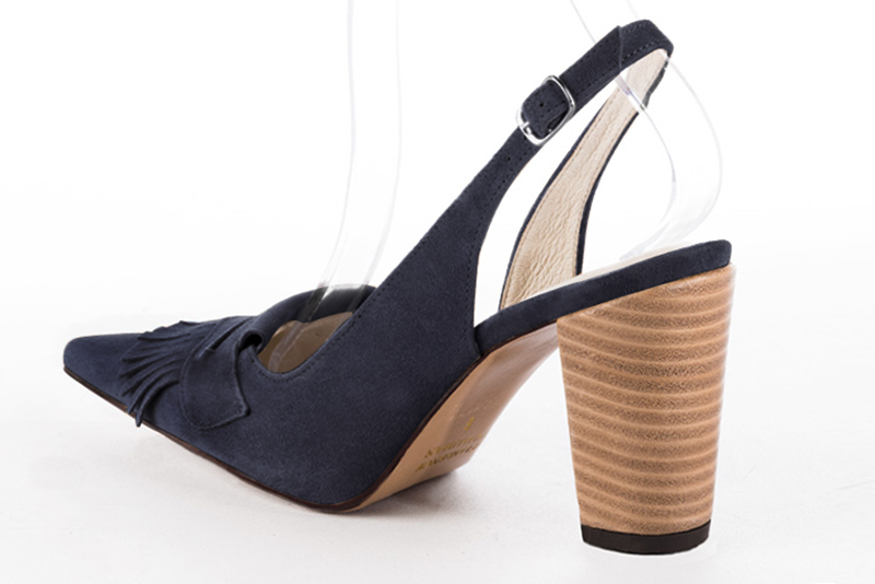 Navy blue women's slingback shoes. Pointed toe. High block heels. Rear view - Florence KOOIJMAN